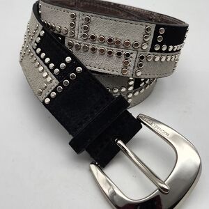 Michael Kors  Studded Black/Gray Block Leather Belt Size M Unisex Chrome Buckle.